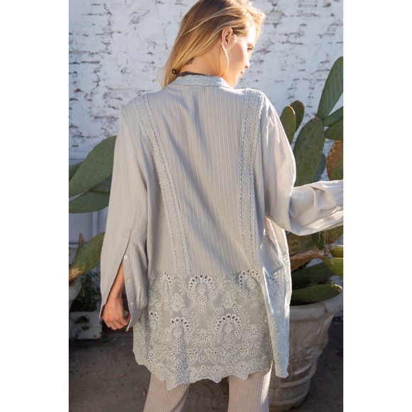 POL Tops - POL Dove Grey Eyelet & Lace Long Sleeve Cotton Button Down Shirt